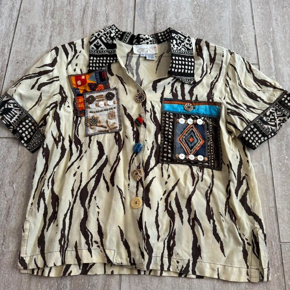Vintage 90s Y2K Cache Boho African patchwork zebra beaded maximalist top Sz XS